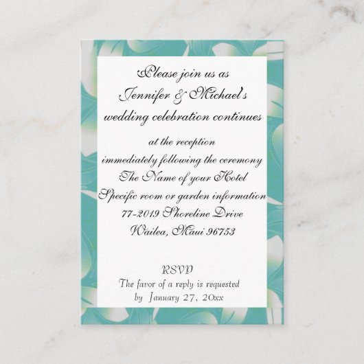 Carte D'accompagnement Hawaii Hall de réception de mariage Turquoise Flor (Devant)