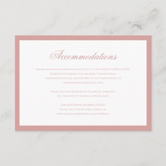 Carte D'accompagnement Hébergement de mariage à l'écriture rose poussiére (Devant)