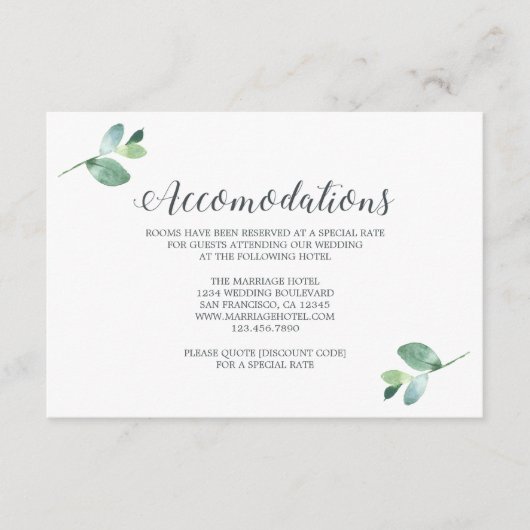 Carte D'accompagnement Hébergement de mariage avec feuillage d'eucalyptus (Devant)