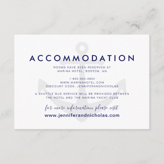 Carte D'accompagnement Hébergement de mariage d'ancre nautique (Devant)