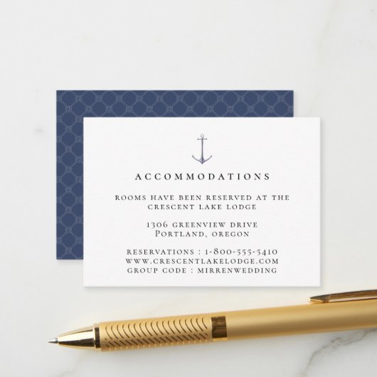 Carte D'accompagnement Hébergement de mariage élégant à l'ancre nautique (Devant/Arrière en situation)
