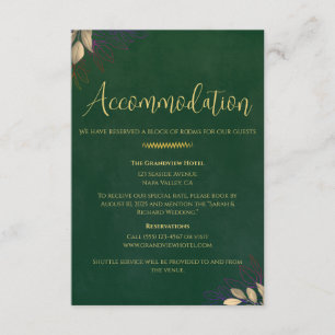 Carte D'accompagnement Hébergement de mariage en velours vert émeraude po