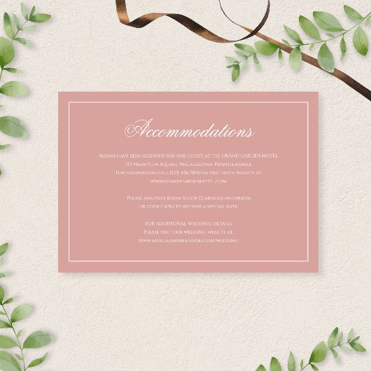 Carte D'accompagnement Hébergement de mariage formel Dusty Rose Script