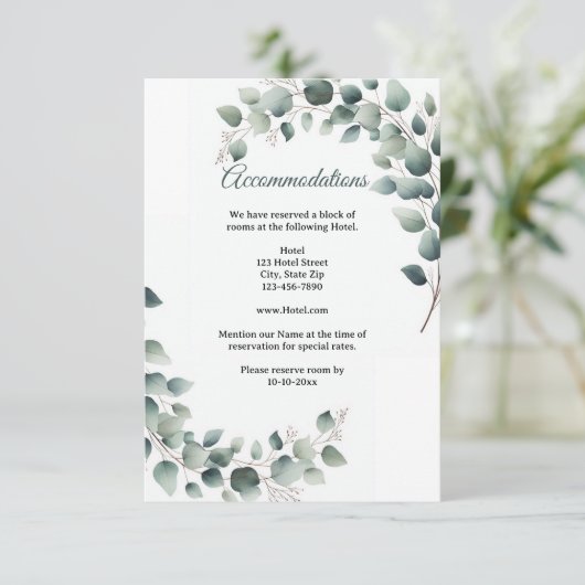 Carte D'accompagnement Hébergement de mariage simple Eucalyptus (Debout devant)