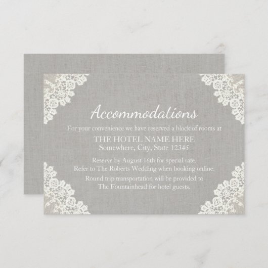 Carte D'accompagnement Hébergement | Dentelle rustique et lin gris (Devant / Derrière)