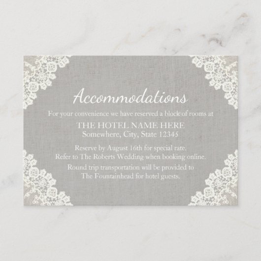 Carte D'accompagnement Hébergement | Dentelle rustique et lin gris (Devant)