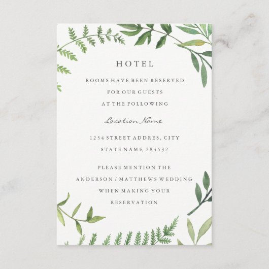 Carte D'accompagnement Hébergement Green Leaf Mariage Hotel (Devant)