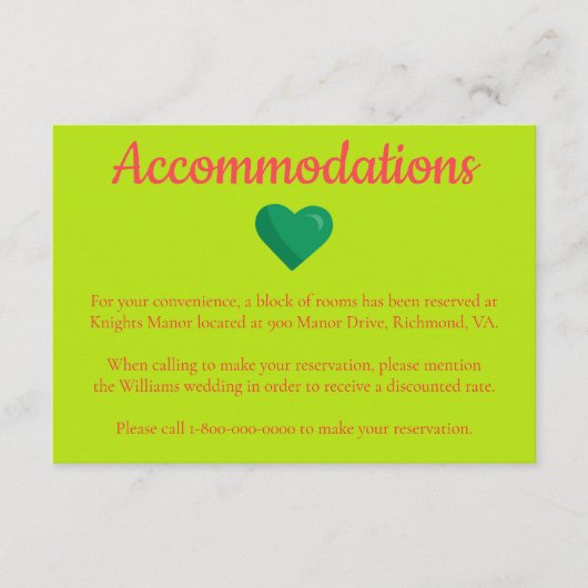 Carte D'accompagnement Hébergement Mariage à thème de coeur (Devant)