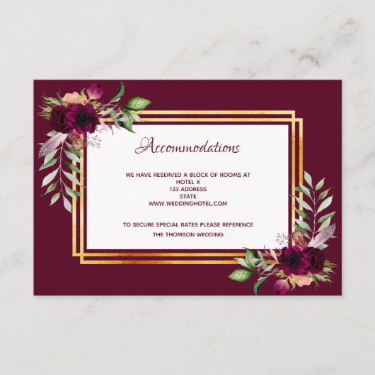 Carte D'accompagnement hébergement mariage boho bordeaux fleuri (Devant)