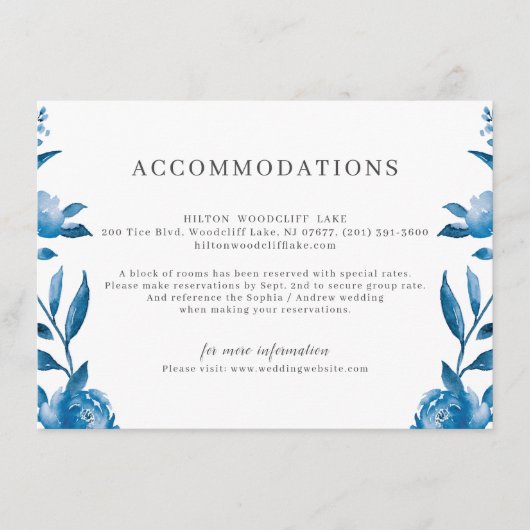 Carte D'accompagnement Hébergement mariage fleuri bleu blanc (Devant)