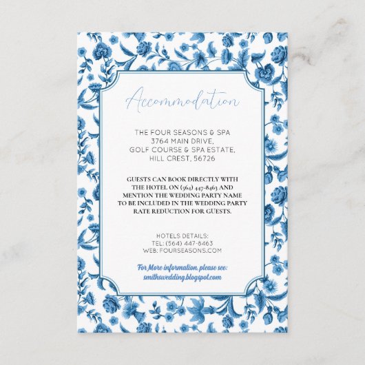Carte D'accompagnement Hébergement Mariage RSVP Chintz Bleu Blanc (Devant)