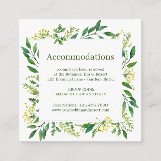Carte D'accompagnement Hébergement Mariage Spring Green Botanics Herbes (Devant)