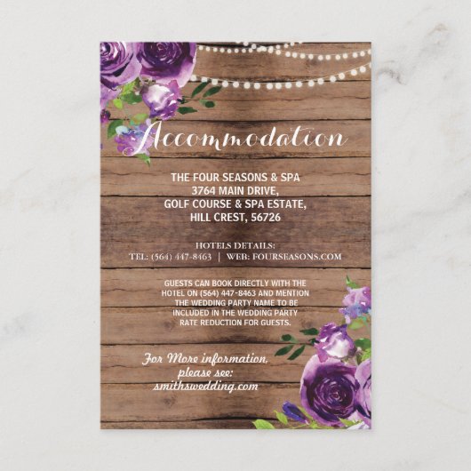 Carte D'accompagnement Hébergement Rustique Mariage Violet Fleurs en Bois (Devant)