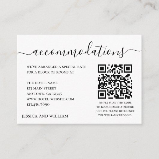 Carte D'accompagnement Hébergements hôteliers mariages avec code QR (Devant)