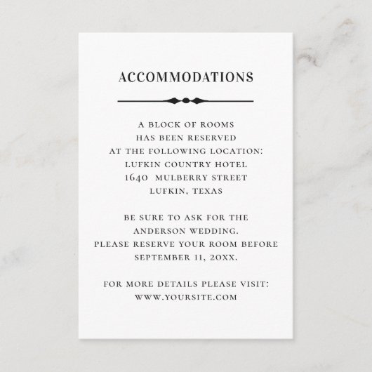 Carte D'accompagnement Hébergements mariage blancs noirs. Détails simples (Devant)