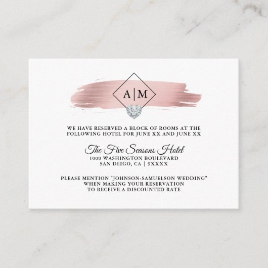 Carte D'accompagnement HÉBERGEMENTS Mariage Rose Gold Foil Monogrammes (Devant)