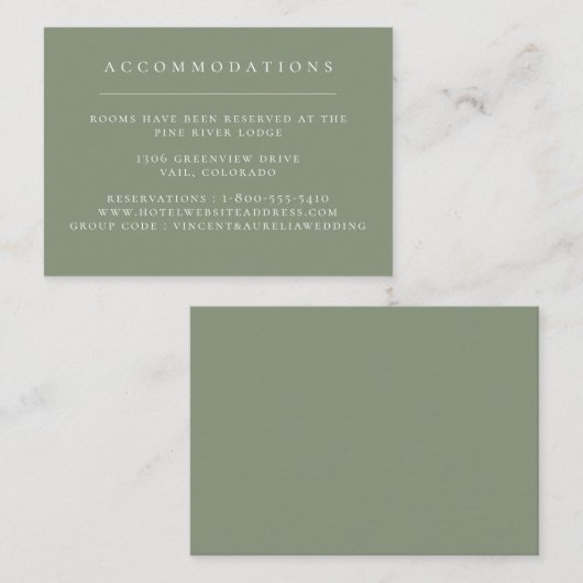 Carte D'accompagnement Hébergements Mariages en vert Sage couleur solide (Devant / Derrière)