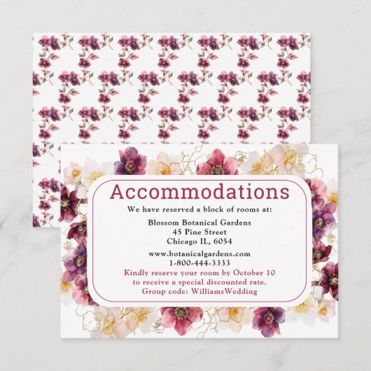 Carte D'accompagnement Hellebore Floral Burgundy Wedding Accommodations (Devant / Derrière)