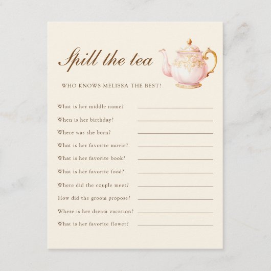 Carte D'accompagnement High Tea Pastel Yellow Bridal Shower Party Game (Devant)
