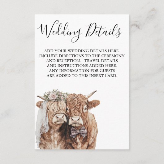 Carte D'accompagnement Highland Cow Détails du Mariage Informations (Devant)