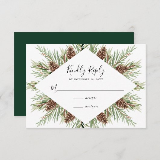 Carte D'accompagnement Hiver Aquarelle Pine Cône Frame Mariage RSVP (Devant / Derrière)
