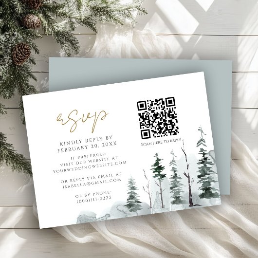 Carte D'accompagnement Hiver Paysage Forêt de pins QR Code Mariage RSVP