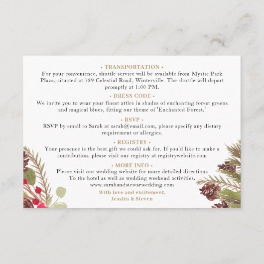 Carte D'accompagnement Hiver pin élégance rouge vert détails Mariage (Dos)