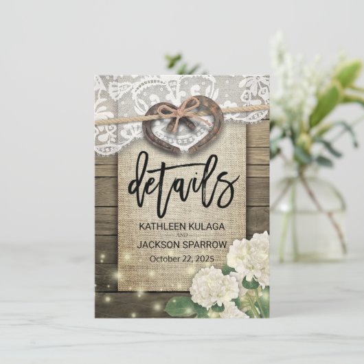 Carte D'accompagnement Horseshoe Heart Mariage campagnard Information Dét (Debout devant)