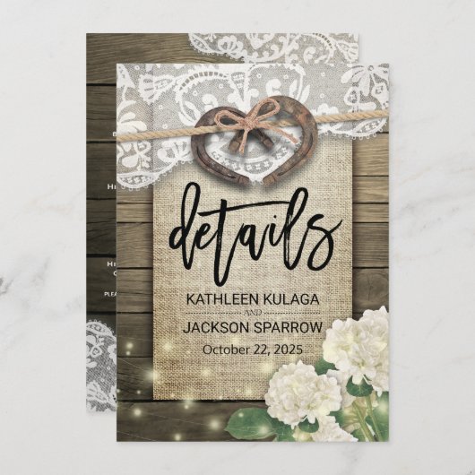 Carte D'accompagnement Horseshoe Heart Mariage campagnard Information Dét (Devant / Derrière)