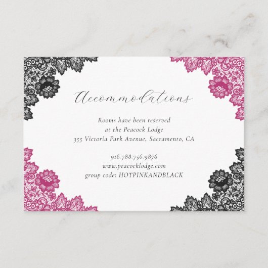 Carte D'accompagnement Hot Pink Black Floral Lace Wedding Accommodation (Devant)