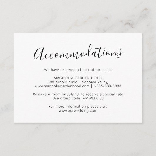 Carte D'accompagnement Hôtel Mariage De Script Simple Et Moderne Hébergem (Devant)