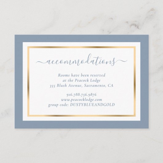 Carte D'accompagnement Hôtel moderne Dusty Blue and Gold Mariage (Devant)