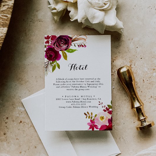 Carte D'accompagnement Hôtel Rustique Blush Bourgogne Floral Calligraphie