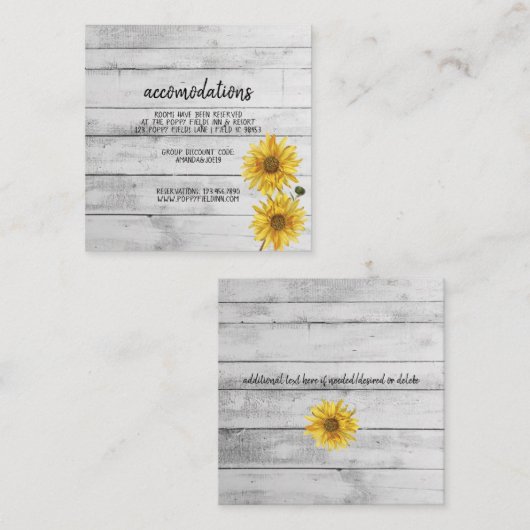 Carte D'accompagnement Hôtel Rustique Mariage de tournesols en bois blanc (Devant / Derrière)