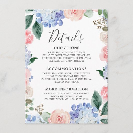 Carte D'accompagnement Hydrangées bleu pâle rose pastel mariage (Devant)