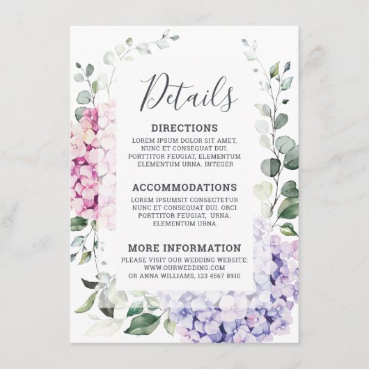 Carte D'accompagnement Hydrangées rose pâle et mariage d'eucalyptus (Devant)