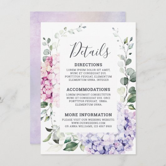 Carte D'accompagnement Hydrangées rose pâle et mariage d'eucalyptus (Devant / Derrière)