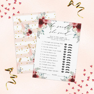 Carte D'accompagnement Il A Dit, Elle A Dit Champagne Floral Party Game