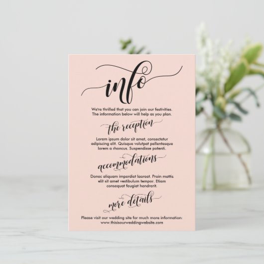 Carte D'accompagnement Info Mariage de script simple et complexe rose pâl (Debout devant)