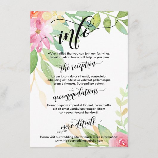 Carte D'accompagnement Info mariage Fleurs aquarelles Elaborer le script (Devant)
