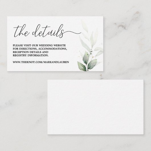 Carte D'accompagnement Info sur le site web du Mariage Simple Greenery (Devant / Derrière)