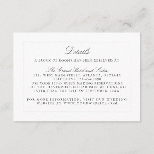 Carte D'accompagnement Informations de mariage à l'élégance classique sim (Devant)
