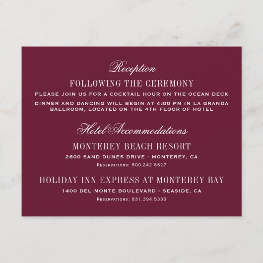 Carte D'accompagnement Informations de mariage élégant rouge Bourgogne (Devant)