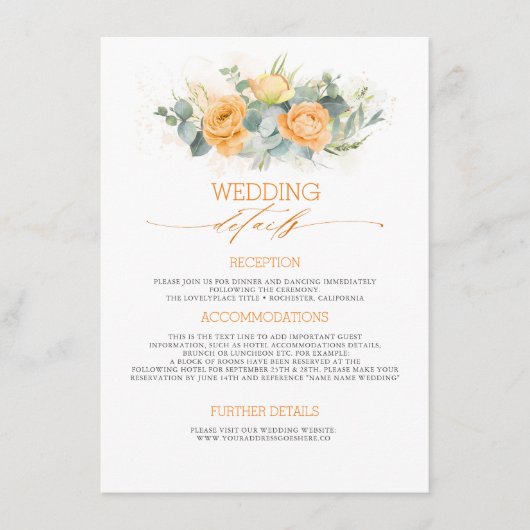 Carte D'accompagnement Informations de mariage Fleurs Orange Pastel Invit (Devant)