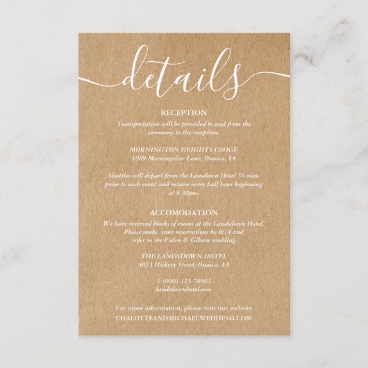 Carte D'accompagnement Informations de mariage kraft rustique de script (Devant)
