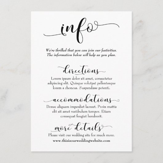 Carte D'accompagnement Informations de mariage Simple Noir & Blanc Script (Devant)