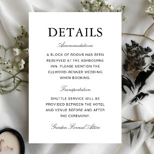 Carte D'accompagnement Informations de mariage simples formelles blanc et