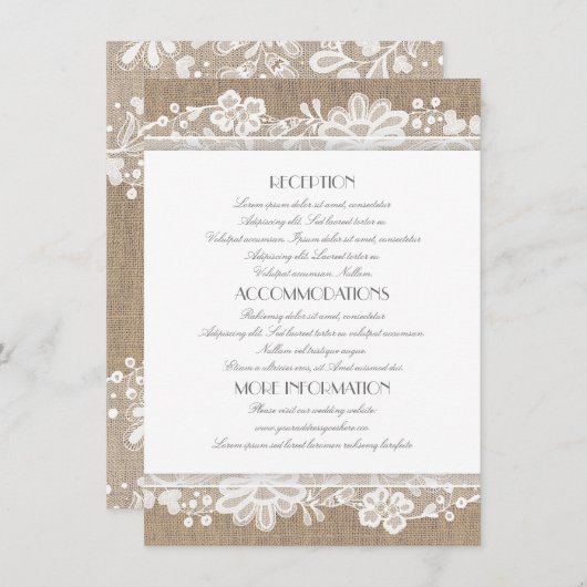 Carte D'accompagnement Informations sur le Mariage Burlap and Lace (Devant / Derrière)