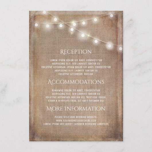 Carte D'accompagnement Informations sur le Mariage de la chaîne de Burlap (Devant)