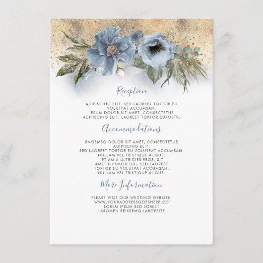 Carte D'accompagnement Informations sur le Mariage Dusty Blue and Gold (Devant)
